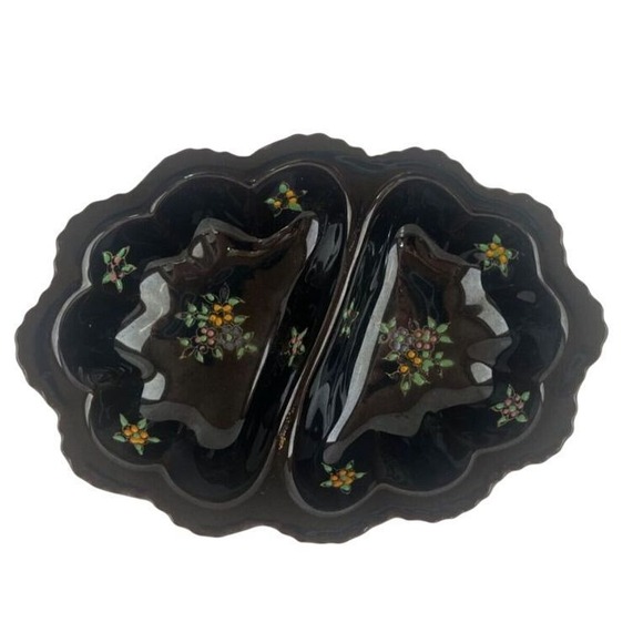 VTG Moriage Black Redware Divided Relish Candy Trinket Dish W/ Dot Flowers Japan - Picture 1 of 4
